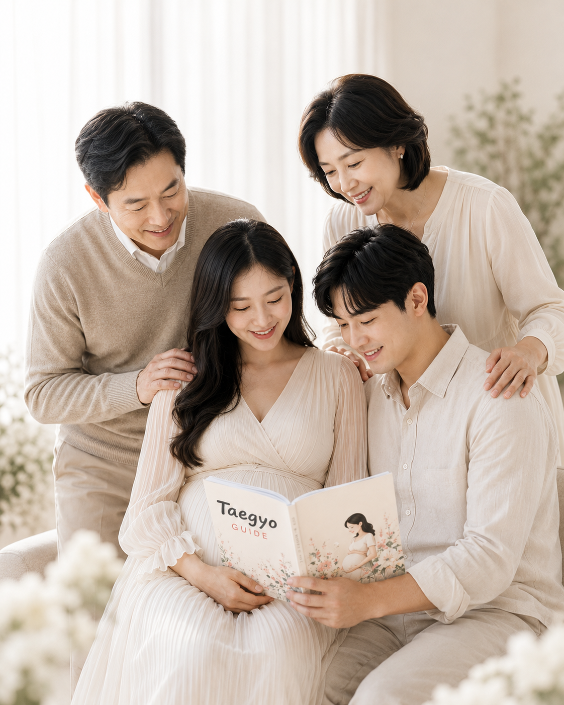 An expectant couple and their parents reading a Taegyo book together