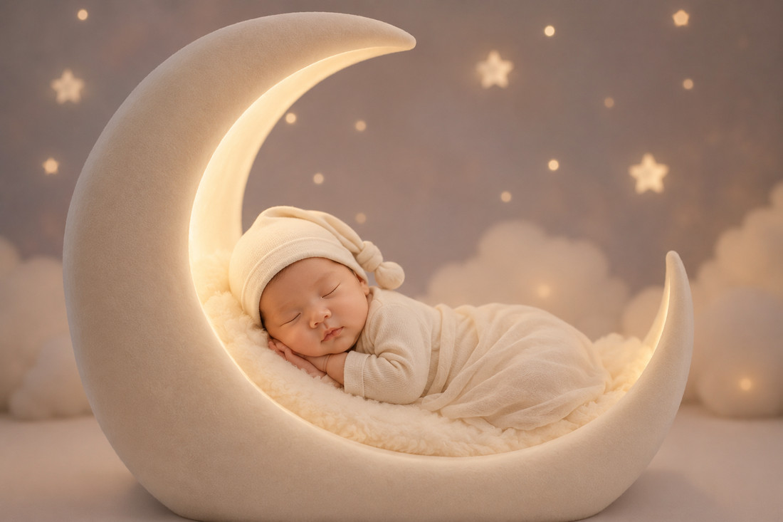 A newborn asleep in a crescent moon