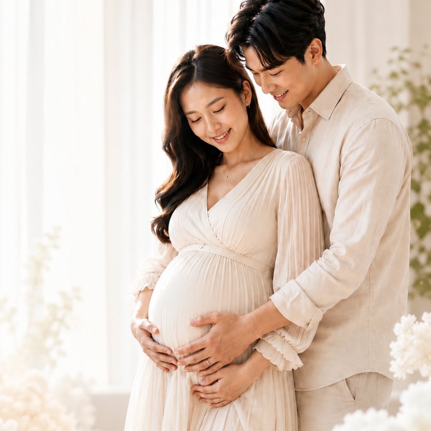An expectant mother and her partner, hands resting together on the bump